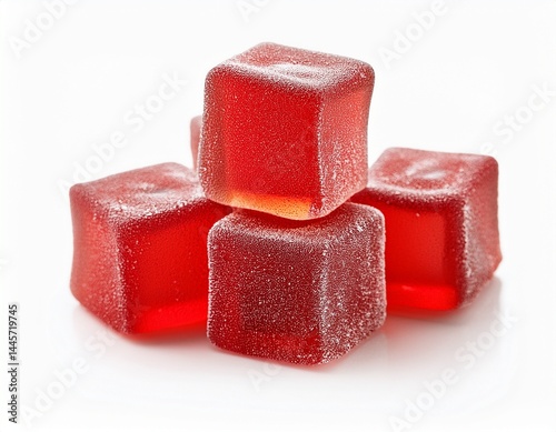 isolated photo of red gummy candy cubes on a white background