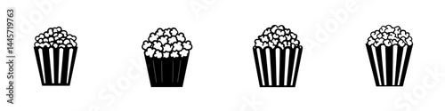 Iconic vector illustration of popcorn containers displayed in a minimalist black and white design for food-related themes