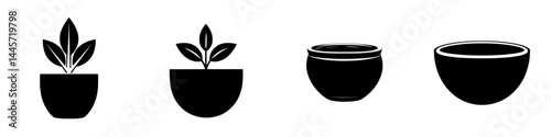 Vector illustration of various plant pots with foliage designs showcasing minimalistic black and white aesthetics