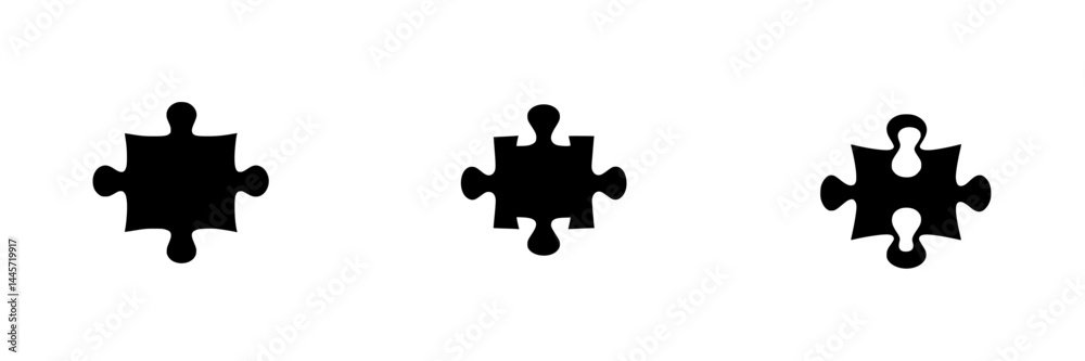 Vector illustration of three black puzzle pieces on a white background showcasing different designs and shapes Vector illustration of three black puzzle pieces on a white background showcasing different designs and shapes