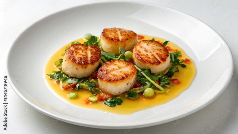 Succulent grilled scallops arranged neatly on vibrant greens and drizzled with a zesty citrus sauce. This dish showcases fresh ingredients and expert culinary technique
