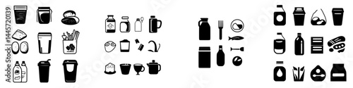 Vector illustration icons representing various food and beverage items in black and white for diverse culinary themes