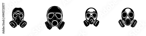 Collection of black and white vector illustrations of gas masks showing different designs and styles