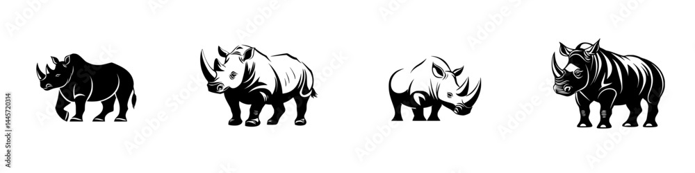 Vector illustration of four distinct rhinos in black and white showcasing unique designs and styles Vector illustration of four distinct rhinos in black and white showcasing unique designs and styles