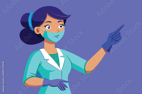 A healthcare worker is actively explaining a procedure, wearing gloves and a mask, in a vibrant clinic setting. Their professional demeanor conveys confidence and care.