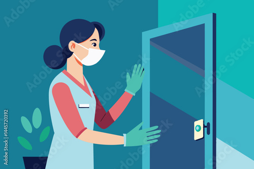 A health care professional with gloves and a mask approaches a door, ready to enter a medical facility, emphasizing safety and care in their environment.