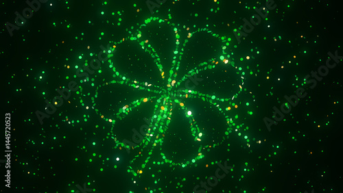 Glowing four-leaf clover shape with green light particles floating in dark space.