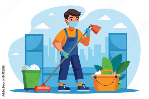 A young man is actively cleaning an urban area equipped with a broom and wearing gloves and a mask. He stands among bins and plants, making the environment tidy.