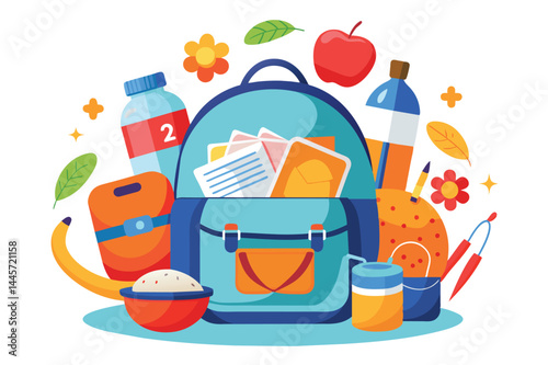 A vibrant backpack overflows with school supplies, snacks, and an apple, symbolizing preparation for the academic year. Bright colors and cheerful items create an inviting atmosphere.