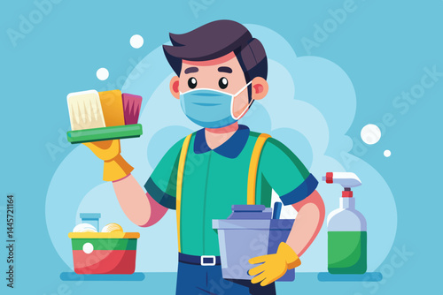 The young man, dressed in colorful clothing and wearing a mask, stands ready to tackle cleaning tasks with paintbrushes and cleaning tools in hand, embodying a sense of responsibility.