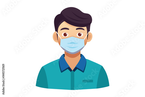 A young individual wearing a blue face mask and a green shirt, symbolizing health awareness in the current pandemic era, promoting safety practices.