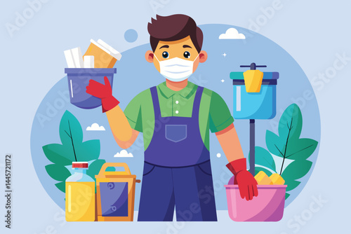 A youth in gloves and a mask actively sorts recyclable materials, showcasing commitment to environmental protection during a cleanup effort in a vibrant backdrop.