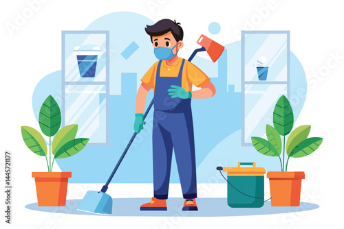 A young man dressed in protective equipment mops the floor in a brightly lit room with potted plants, demonstrating effective cleaning techniques.