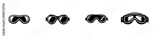 Various styles of ski and snow goggles illustrated in black and white vector format for design purposes