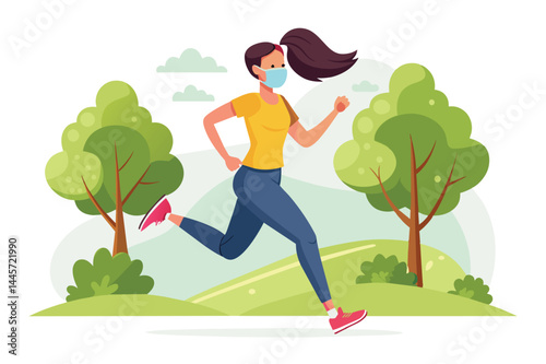 A woman jogs through a vibrant park, dressed in casual athletic wear with a mask on, highlighting the importance of staying active and following health guidelines.
