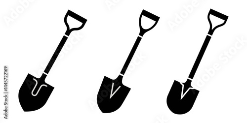 Vector black and white illustration of shovel icon for business. Stock vector design, Black shovel tools vectors collection black and white, Vector of shovel simple set design, Snow shovel vector icon