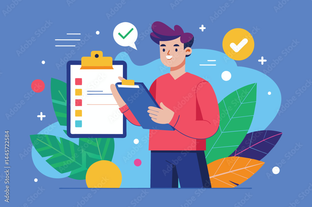The young man holds a clipboard with a checklist, smiling as he reviews his tasks, surrounded by vibrant, stylized greenery in a lively setting. The young man holds a clipboard with a checklist, smiling as he reviews his tasks, surrounded by vibrant, stylized greenery in a lively setting.