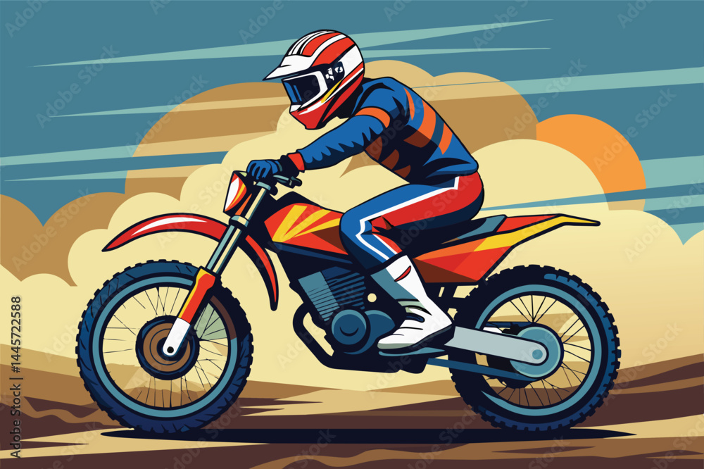 A skilled motocross racer navigates a rugged terrain on a bright motorcycle, showcasing agility and control against a stunning backdrop of clouds. A skilled motocross racer navigates a rugged terrain on a bright motorcycle, showcasing agility and control against a stunning backdrop of clouds.