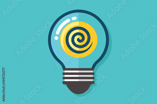 This illustration features a vibrant light bulb with a unique spiral pattern inside, set against a bright turquoise backdrop, symbolizing inspiration and creativity.