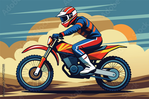 A skilled motocross racer navigates a rugged terrain on a bright motorcycle, showcasing agility and control against a stunning backdrop of clouds.