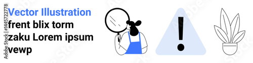 Woman holding magnifying glass inspecting details, paired with a caution triangle and houseplant. Ideal for inspection, focus, awareness, caution, research, attention to detail, flat landing page