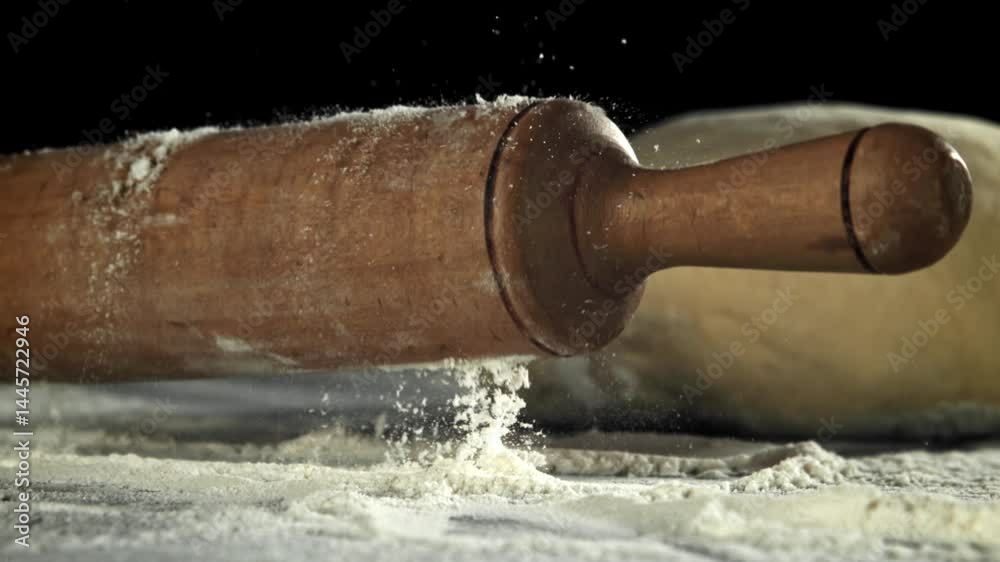 A rolling pin falls on the kitchen table. Filmed on a high-speed camera at 1000 fps. High quality FullHD footage