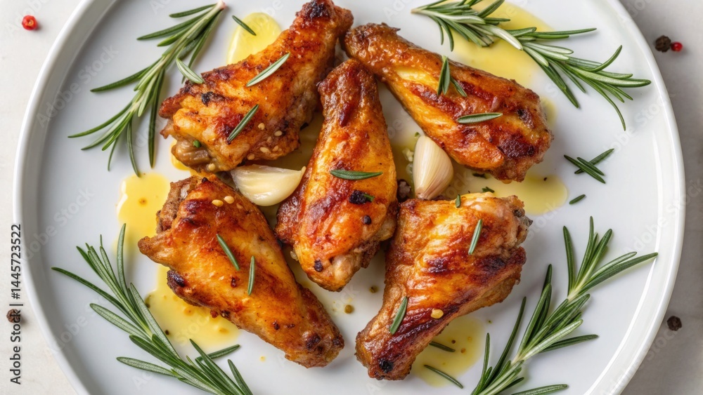 Five perfectly roasted chicken wings garnished with fresh rosemary and garlic, arranged beautifully on a white plate. A delicious dish ideal for gatherings