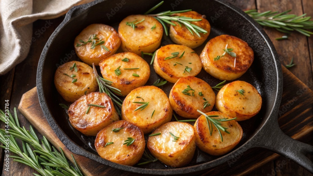 Crispy roasted potatoes are arranged in a cast iron skillet with fresh rosemary garnishing. This dish is perfect for a cozy dinner or festive gathering