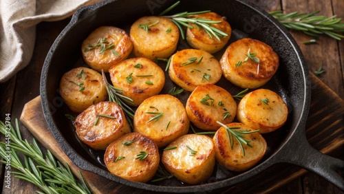 Obraz na płótnie Crispy roasted potatoes are arranged in a cast iron skillet with fresh rosemary garnishing. This dish is perfect for a cozy dinner or festive gathering w salonie