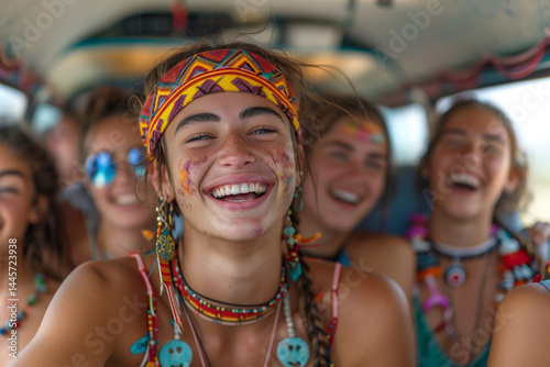 Happy young hippie friends enjoying a colorful summer road trip vacation, traveling in a minivan and smiling with joy as they explore new destinations and create unforgettable memories together  