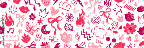 Girl pattern with heart, flower, star. Cute background. Seamless crayon vector. Girl love print pattern. Doodle art with bow heart flower star cherry kiss. Abstract fashion design. Pink y2k sticker bg