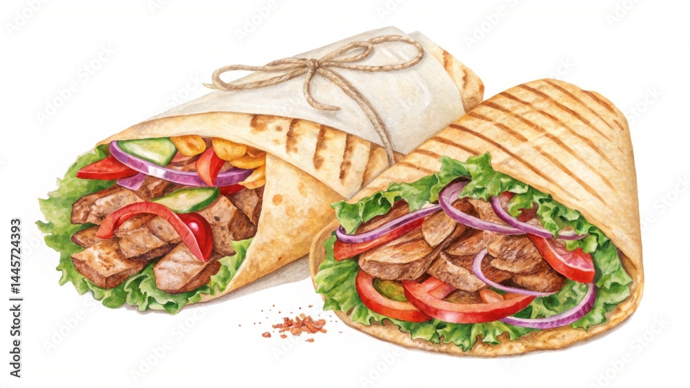 Two grilled wraps filled with succulent meat, vibrant vegetables, and crisp lettuce are presented on a plate in a bright, inviting environment. The afternoon sun creates a warm atmosphere