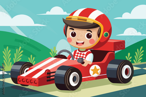 A joyful child in a red go-kart races along a winding track surrounded by greenery under a clear blue sky, showcasing excitement and youthful energy.