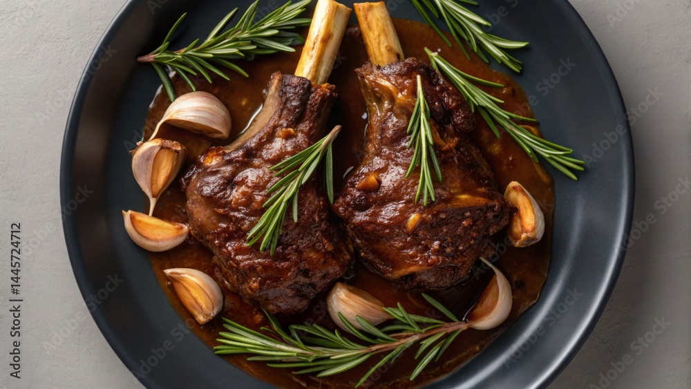 Two tender lamb shanks are presented in a black bowl, coated in rich sauce and garnished with fresh rosemary and whole garlic cloves, creating an appetizing dish