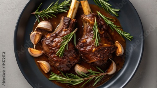 Obraz na płótnie Two tender lamb shanks are presented in a black bowl, coated in rich sauce and garnished with fresh rosemary and whole garlic cloves, creating an appetizing dish w salonie