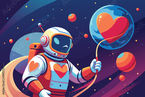An astronaut in a colorful suit floats in space, holding onto a heart-shaped balloon while colorful planets and swirling galaxies create a whimsical backdrop for a cosmic adventure.