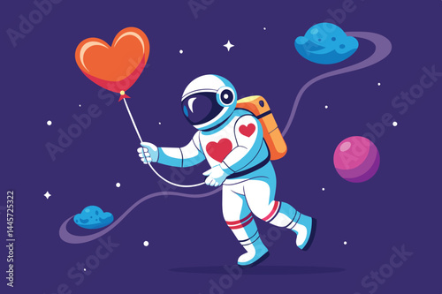 An astronaut wearing a suit adorned with hearts floats through space, holding a bright heart-shaped balloon while colorful planets and stars surround them.