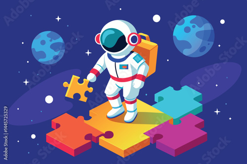 An astronaut in a spacesuit carefully places a colorful puzzle piece on a multi-colored platform while floating in a starry outer space setting.