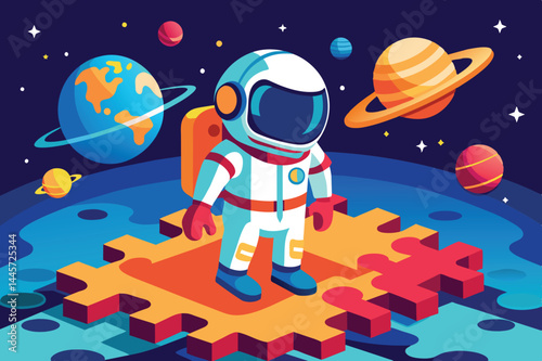 An astronaut stands on a puzzle piece, gazing at Earth and various planets in a colorful and imaginative outer space environment filled with stars.