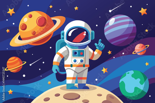 A space explorer stands confidently on a lunar surface, gesturing towards the colorful planets and twinkling stars in the vast universe, showcasing a captivating cosmic adventure.