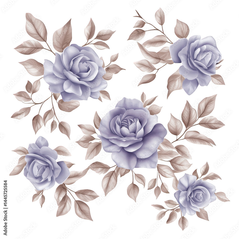 Fototapeta premium Elegant arrangement of soft purple roses with delicate beige leaves on transparency background, creating sophisticated and romantic floral design