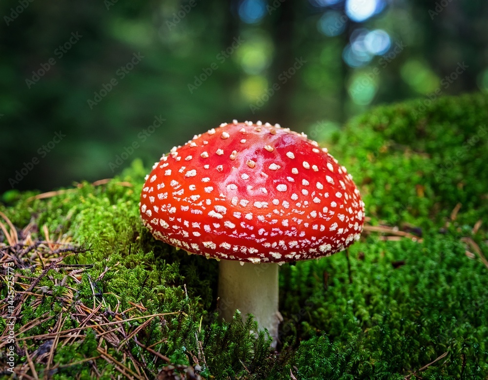 vibrant red mushroom with white dots and green mossy forest background vibrant red mushroom with white dots and green mossy forest background