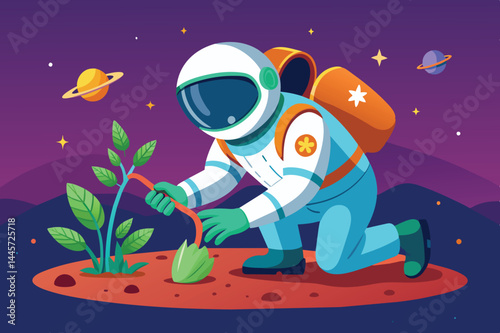 An astronaut kneels to carefully tend to plants on a foreign planet under a starry sky, showcasing the blend of space exploration and botany.