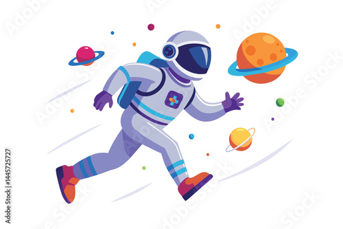 An astronaut in a cartoon style is running through outer space, surrounded by colorful planets and rings, embodying a sense of adventure and exploration.