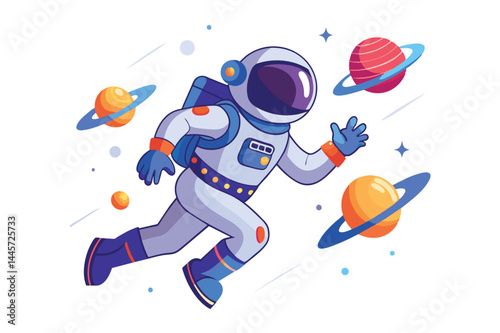 An astronaut in a white suit joyfully runs through space, surrounded by colorful planets and stars, capturing the excitement of cosmic exploration.