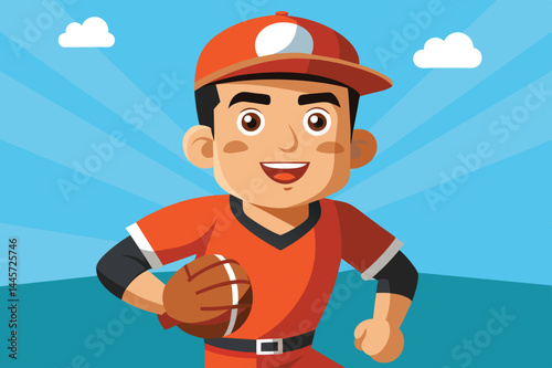 A young boy with an enthusiastic smile dons a bright baseball uniform, holding a baseball as he joyfully runs across a sunny field under a clear blue sky.