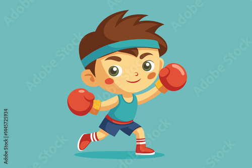 A young cartoon boy dressed in athletic gear, featuring red boxing gloves and a headband, joyfully runs across a colorful backdrop, showcasing energy and enthusiasm.