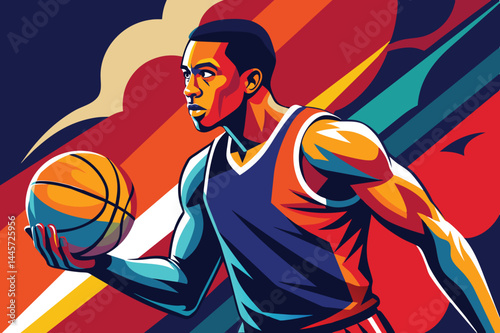A dynamic basketball player is captured dribbling the ball in a colorful and energetic urban backdrop, showcasing athleticism and artistry.