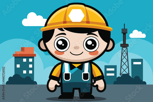 A friendly construction worker character smiles while wearing a hard hat and overalls amidst a vibrant city background with buildings and a tower.