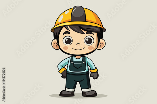 A joyful young boy dressed in a blue shirt, yellow hard hat, and overalls showcases a friendly demeanor, ready for a day of construction work and exploration.